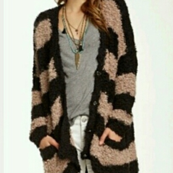 Free People Marshmallow Stripe long Cardi Lime Green & Gray Snap Closure Pockets - Picture 4 of 9